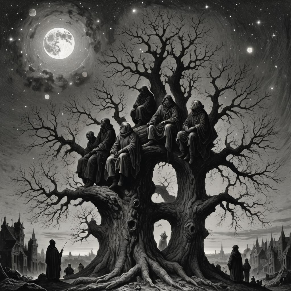 Starry Sky and Planets with Figures in Tree