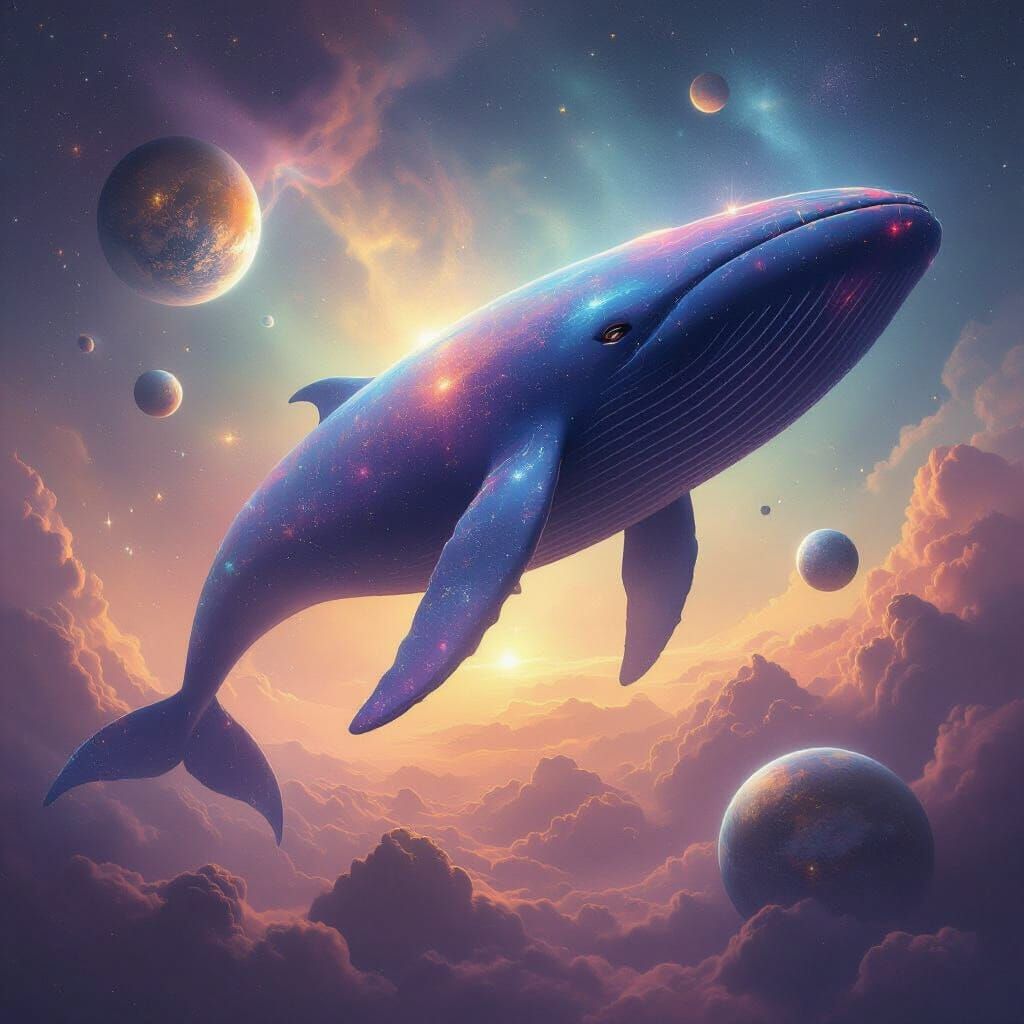Cosmic Whale Carrying Planets in Mystical Gradient Atmospher...