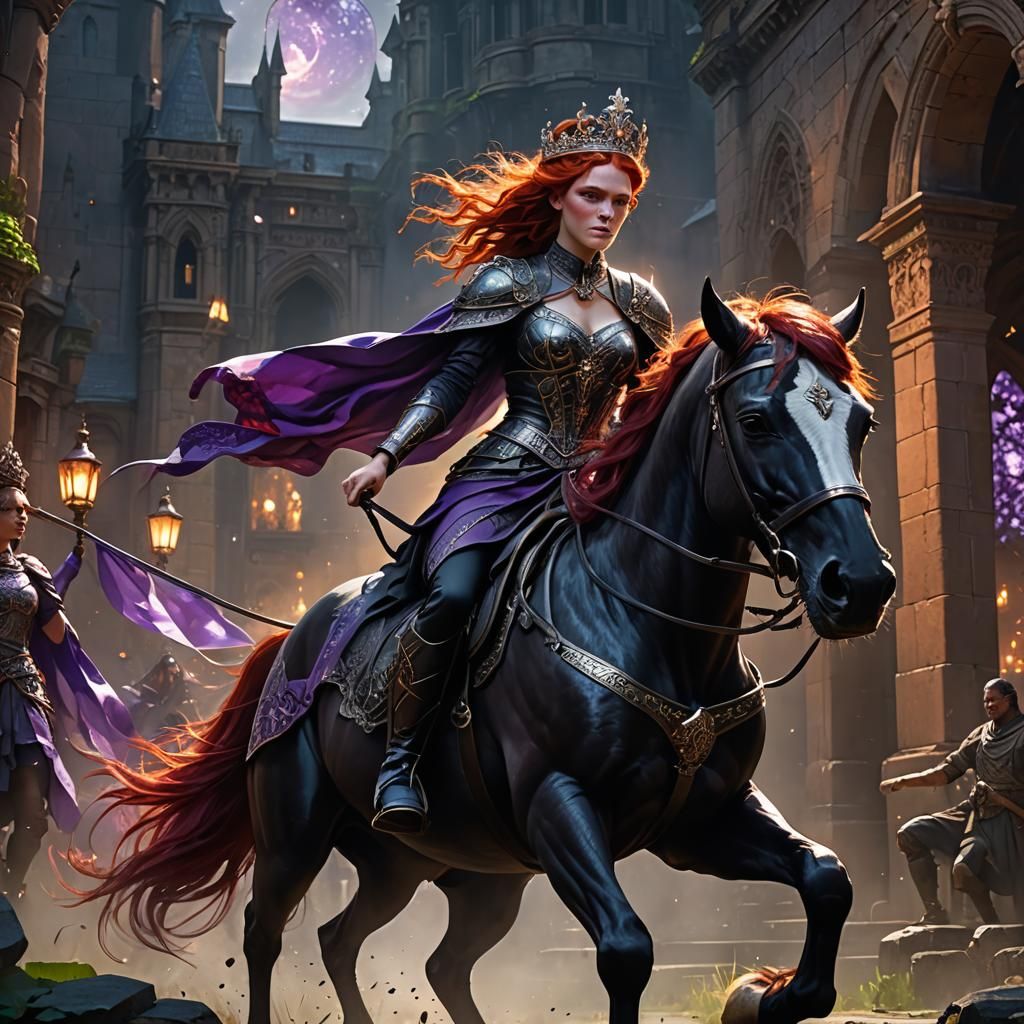 Red-Haired Woman on Black Horse: Dark Fantasy Art