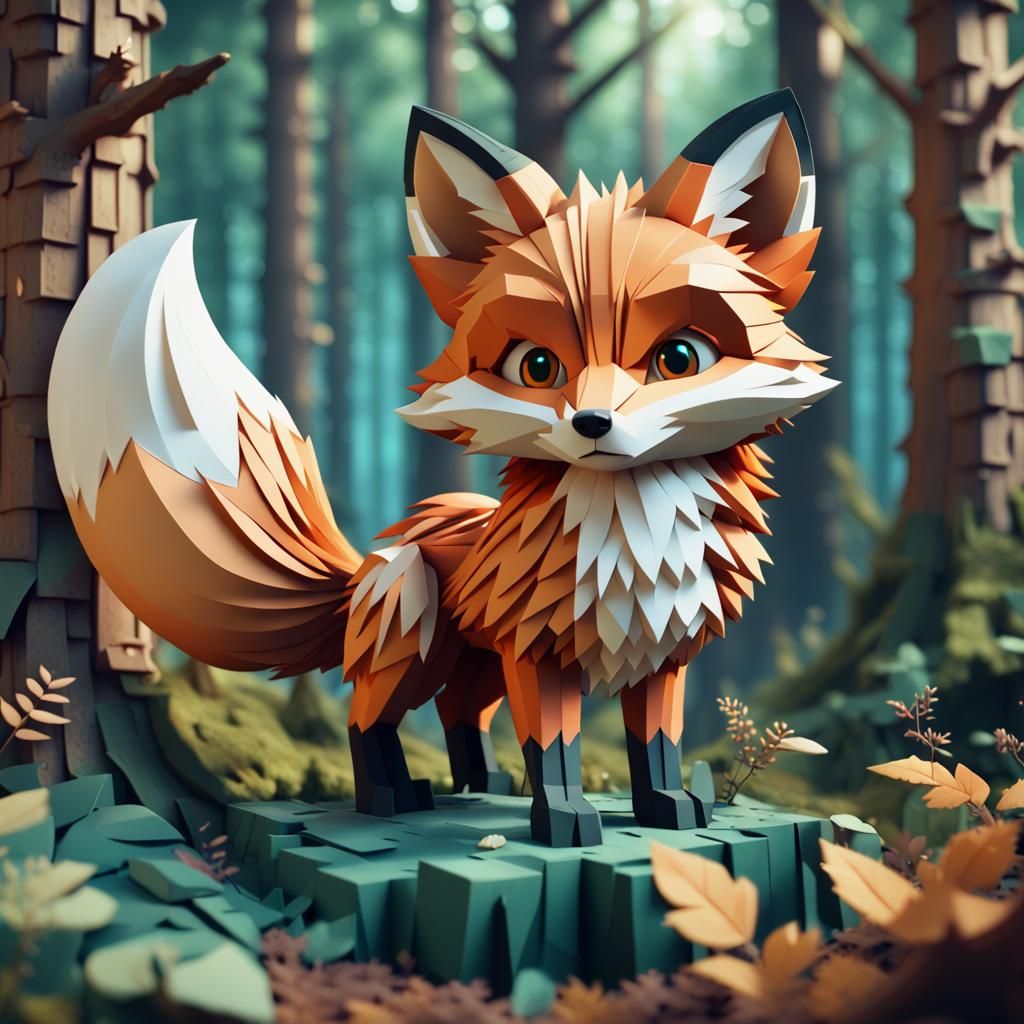 Pixelated Paper Fox in Forest: Detailed Matte Painting