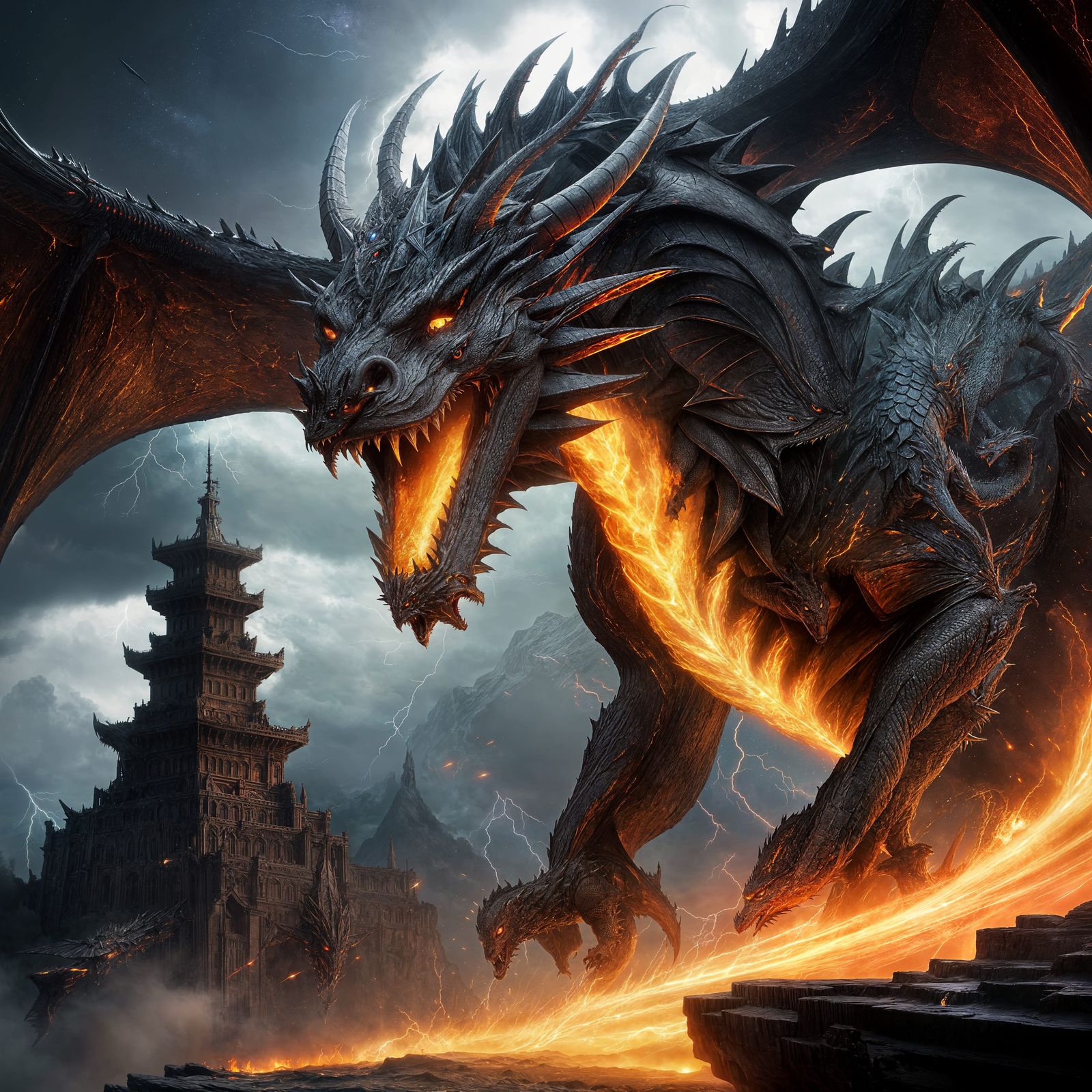 Cyberpunk Dragon Unleashes Primordial Fury in Stormy Skies