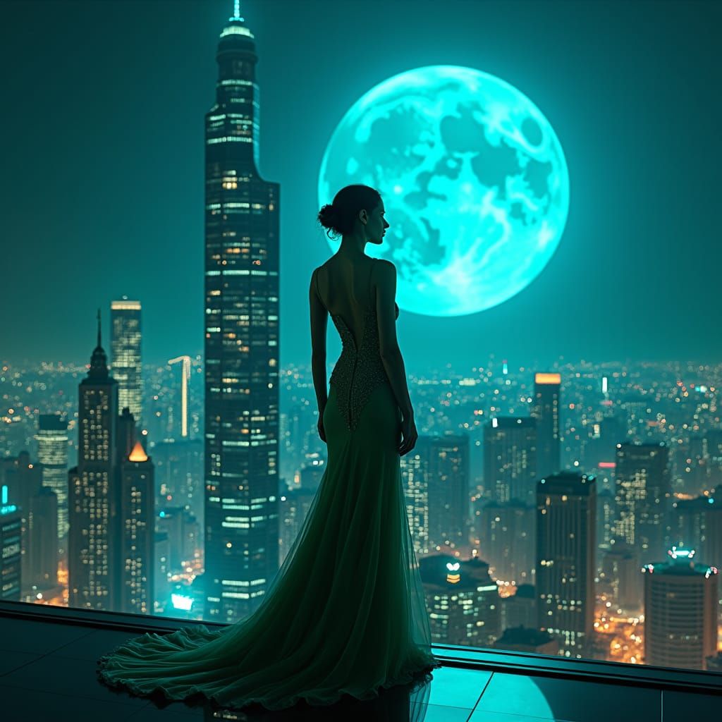 Woman in Emerald Gown Gazing at Blue Moon