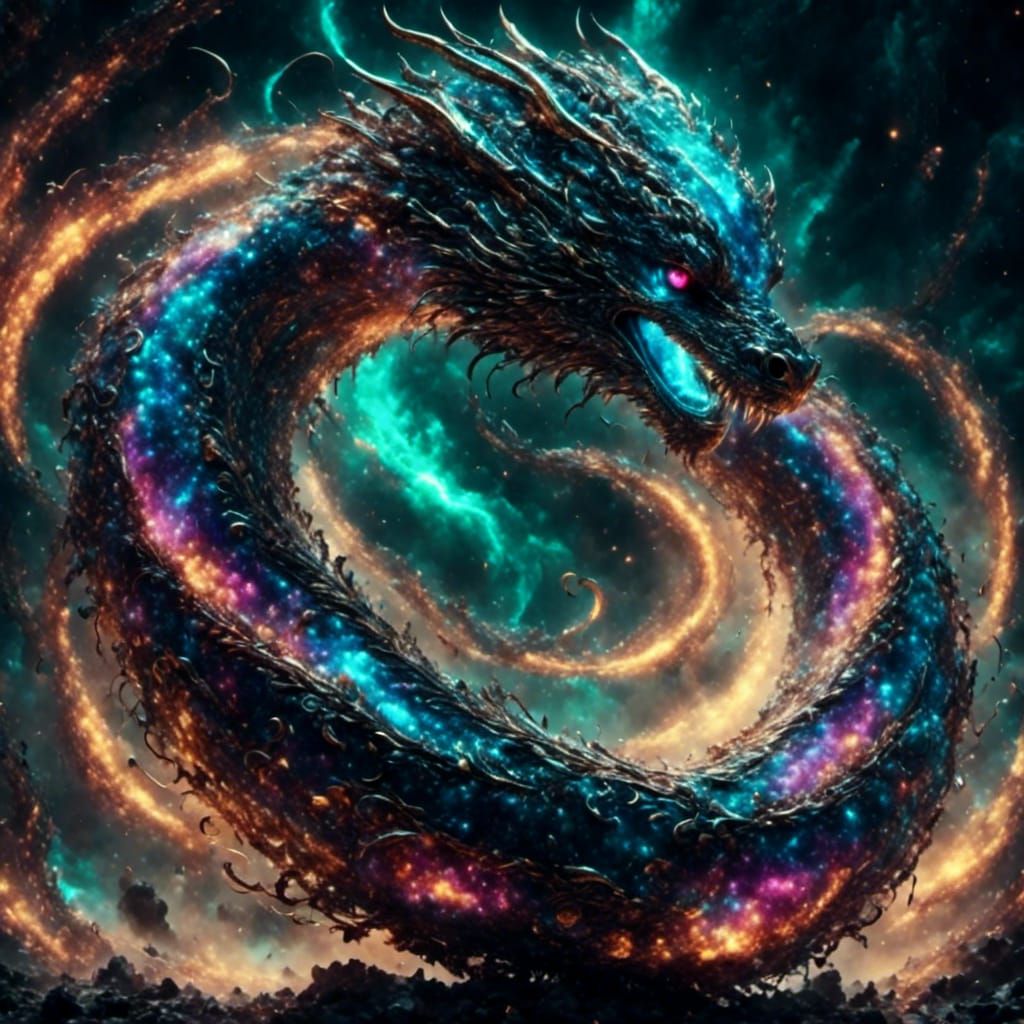 Cybernetic Serpent Coiling Around Jupiter in Cyberpunk Style