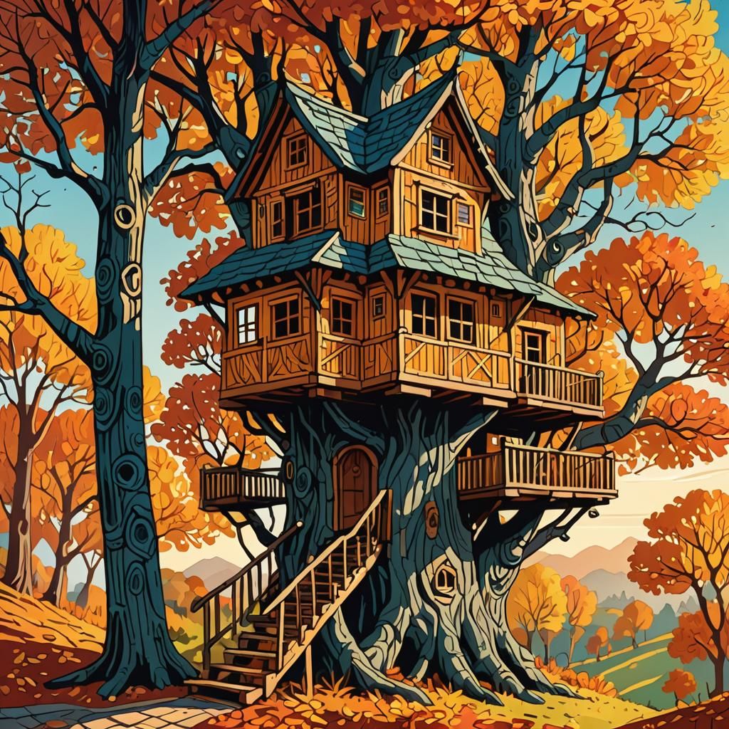 Whimsical Treehouse in Autumn Sunlight: Woodcut Illustration