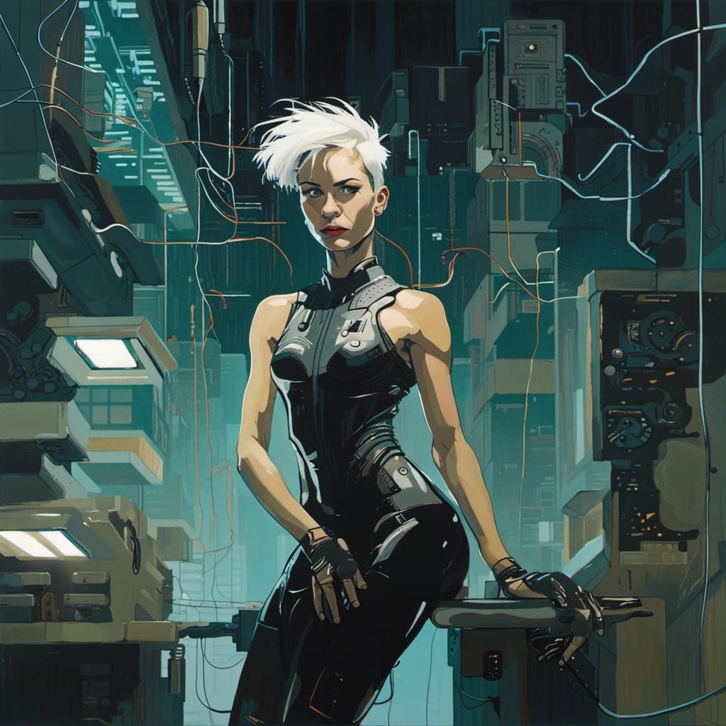 Punk-Rock Cyborg Woman in Cyberpunk Oil Painting