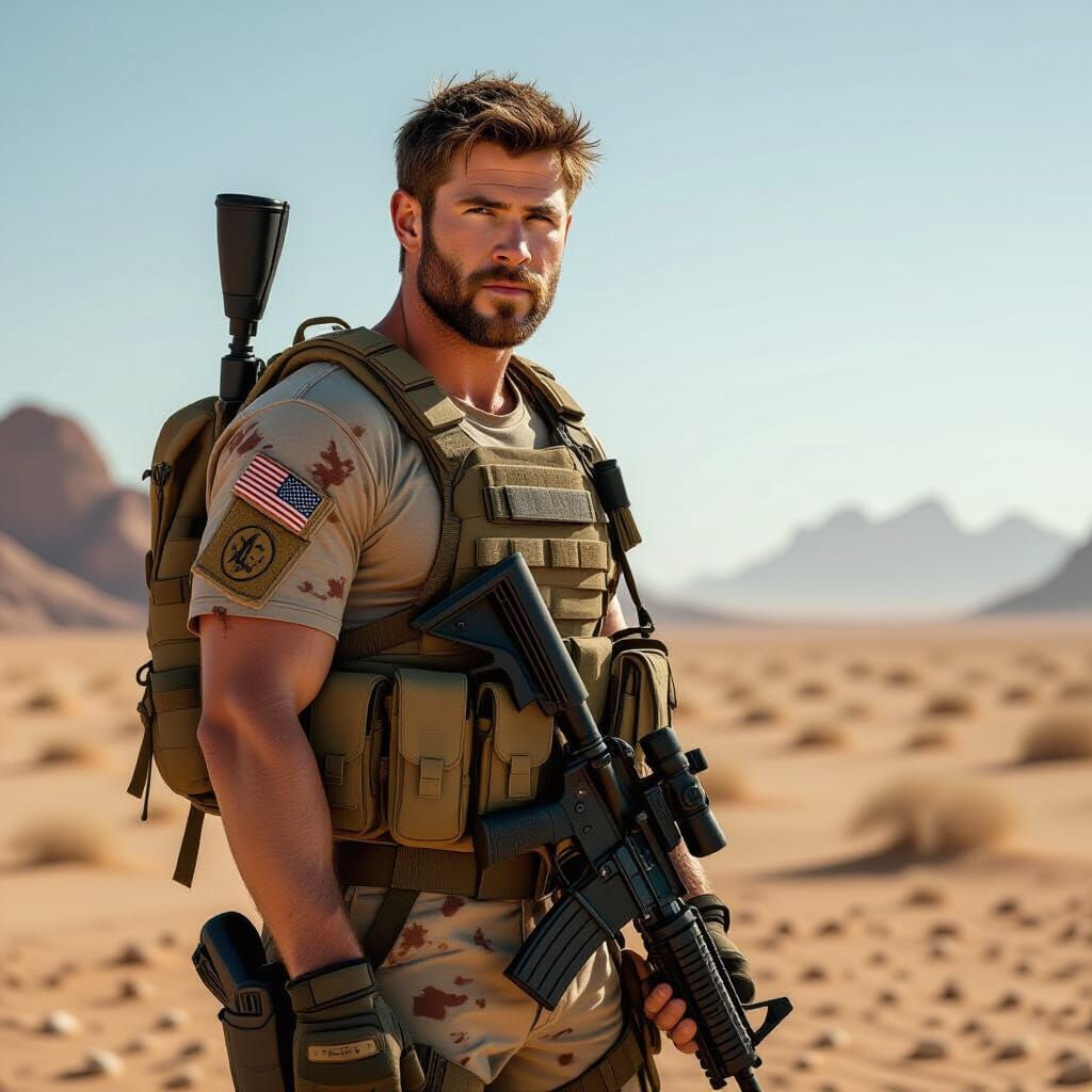 Grizzled Marine Stands Guard in Desert Landscape