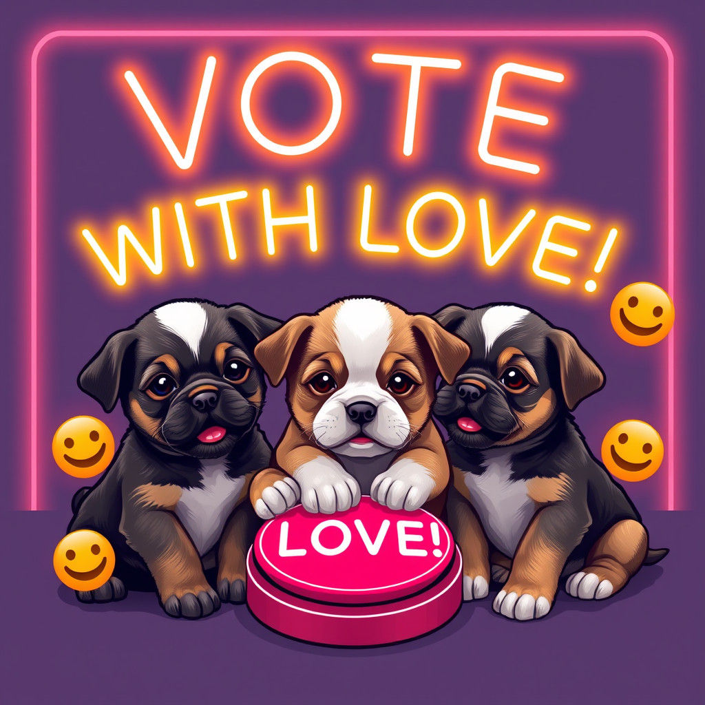 Puppies Press Button Under Neon 'Vote With Love!'