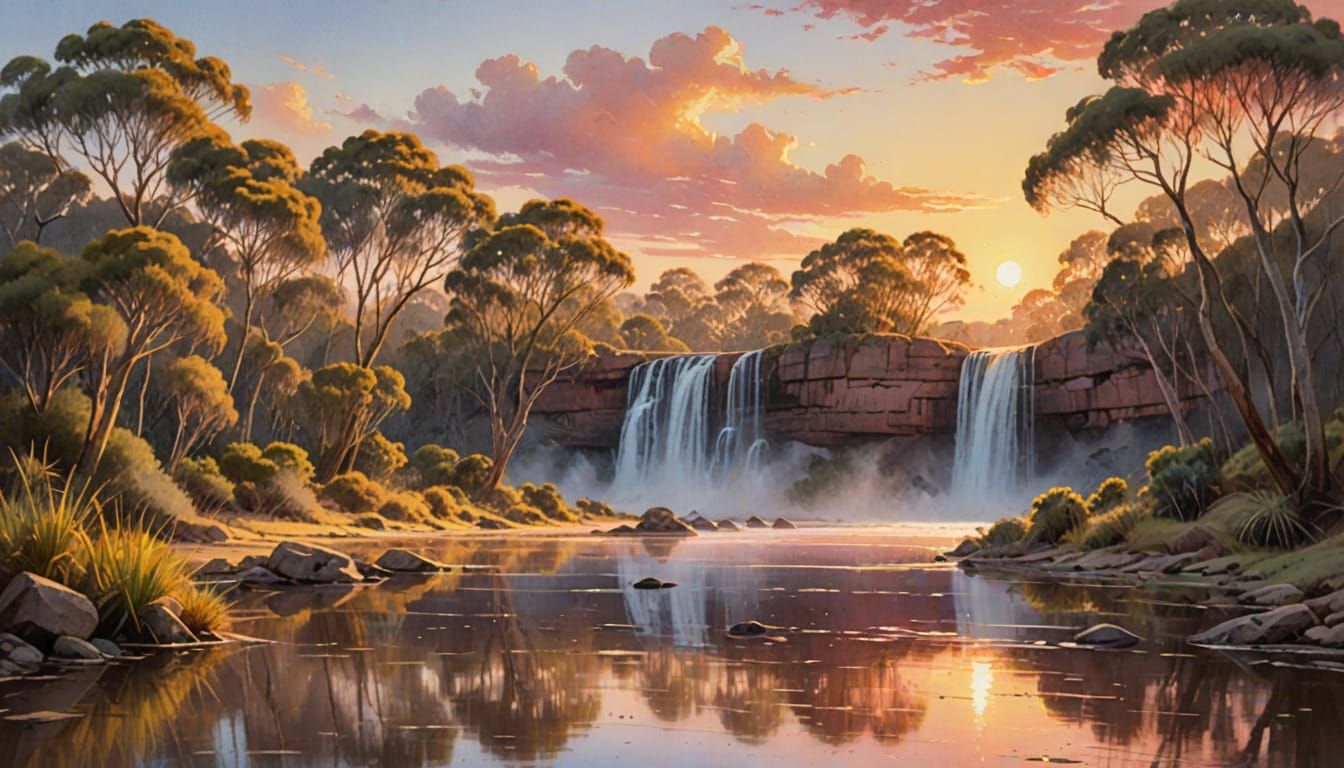 Watercolour Waterfall Sunrise in Australian Bushlands