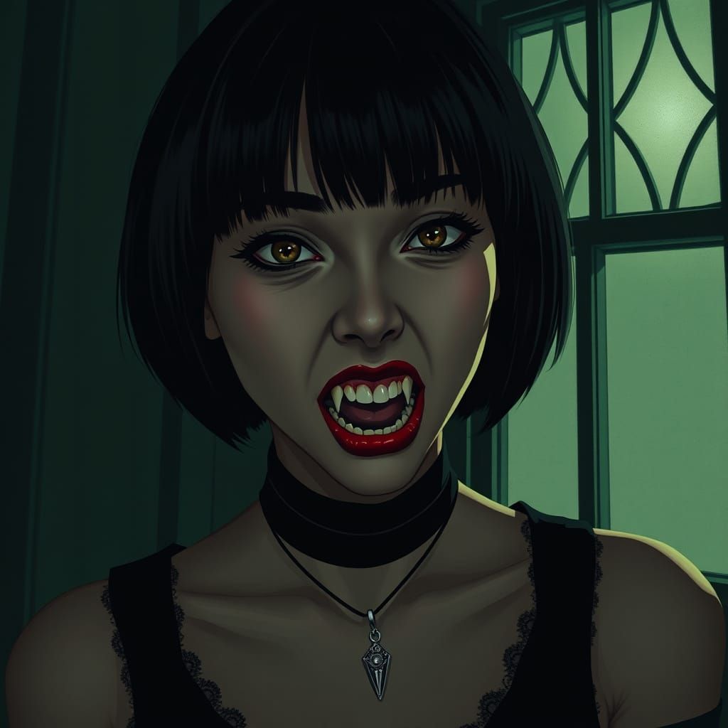 Darkly Beautiful Asian Vampire Woman in Moody Green Lighting