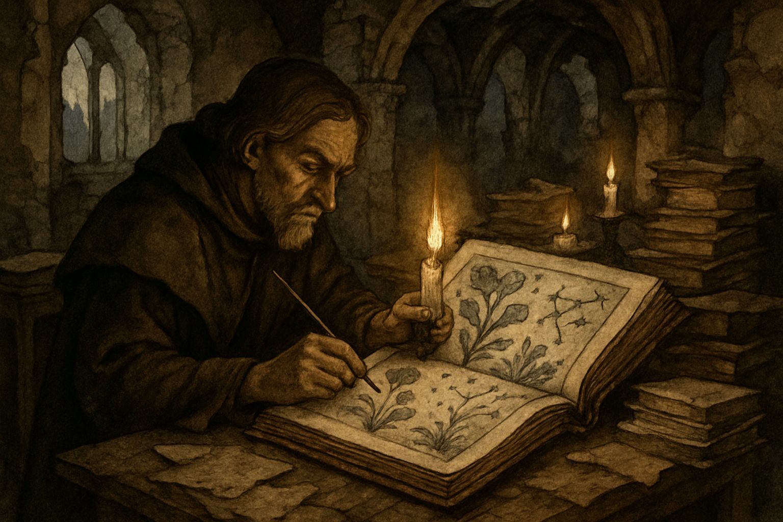 Medieval Scholar Illuminating Mysterious Manuscript by Candl...