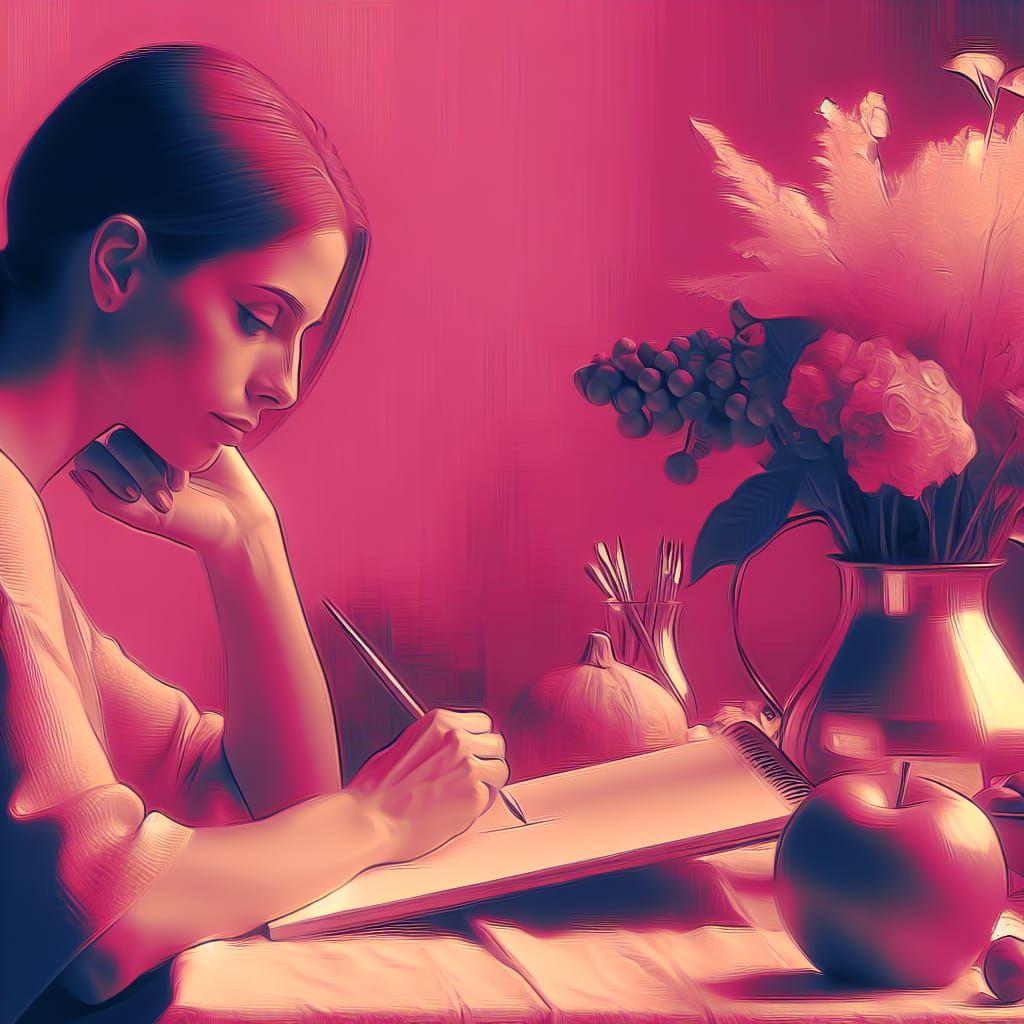 Artist Sketching Still Life in Shades of Pink