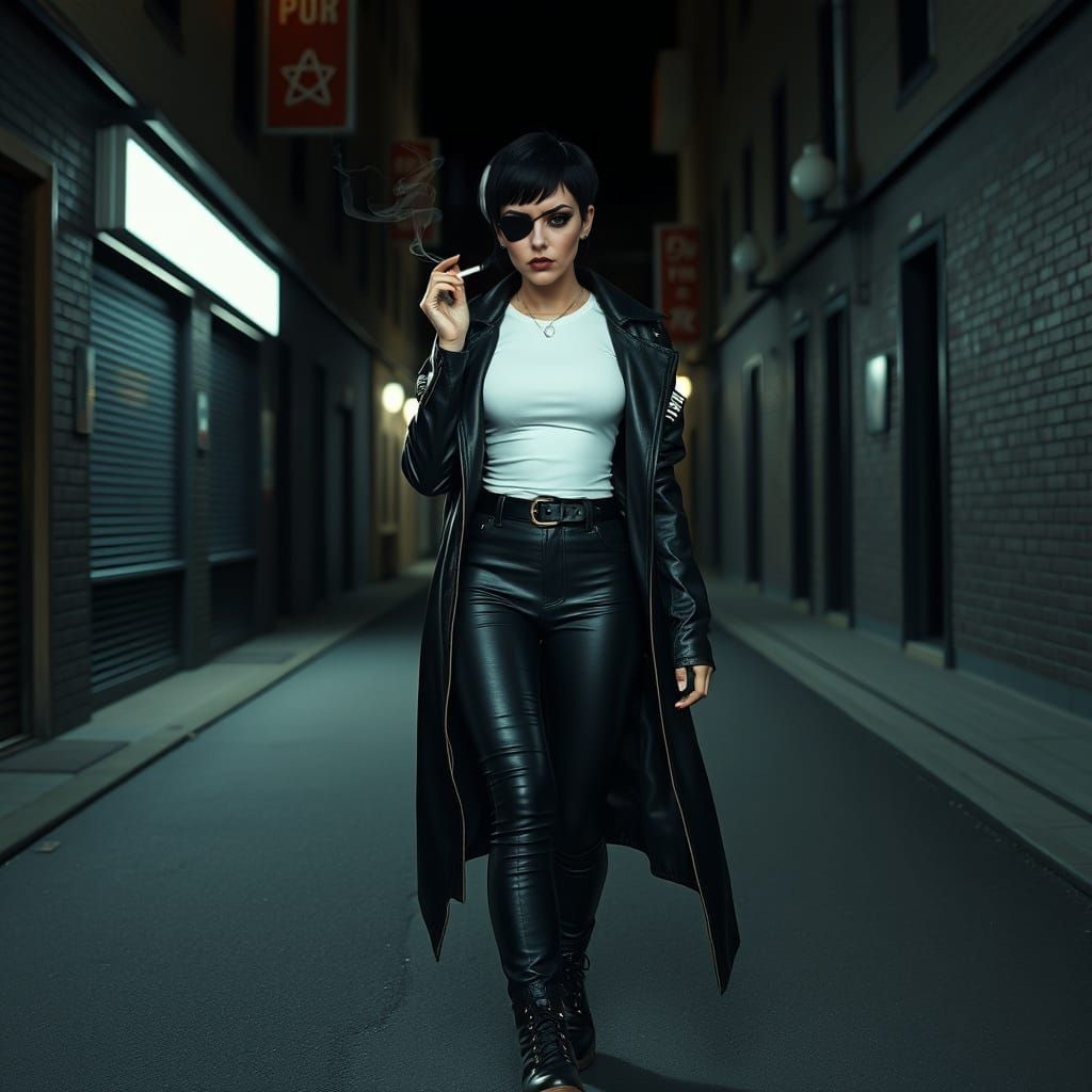 Goth Cyberpunk Woman in Black Leather Outfit