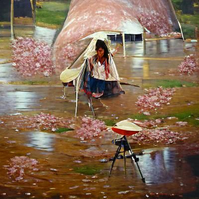 Girl in Cherry Blossom Rain: Oil Painting