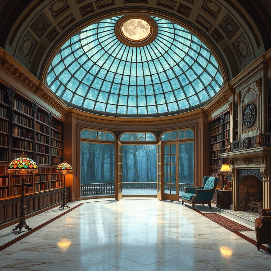Steampunk Library Under Starry Night Sky