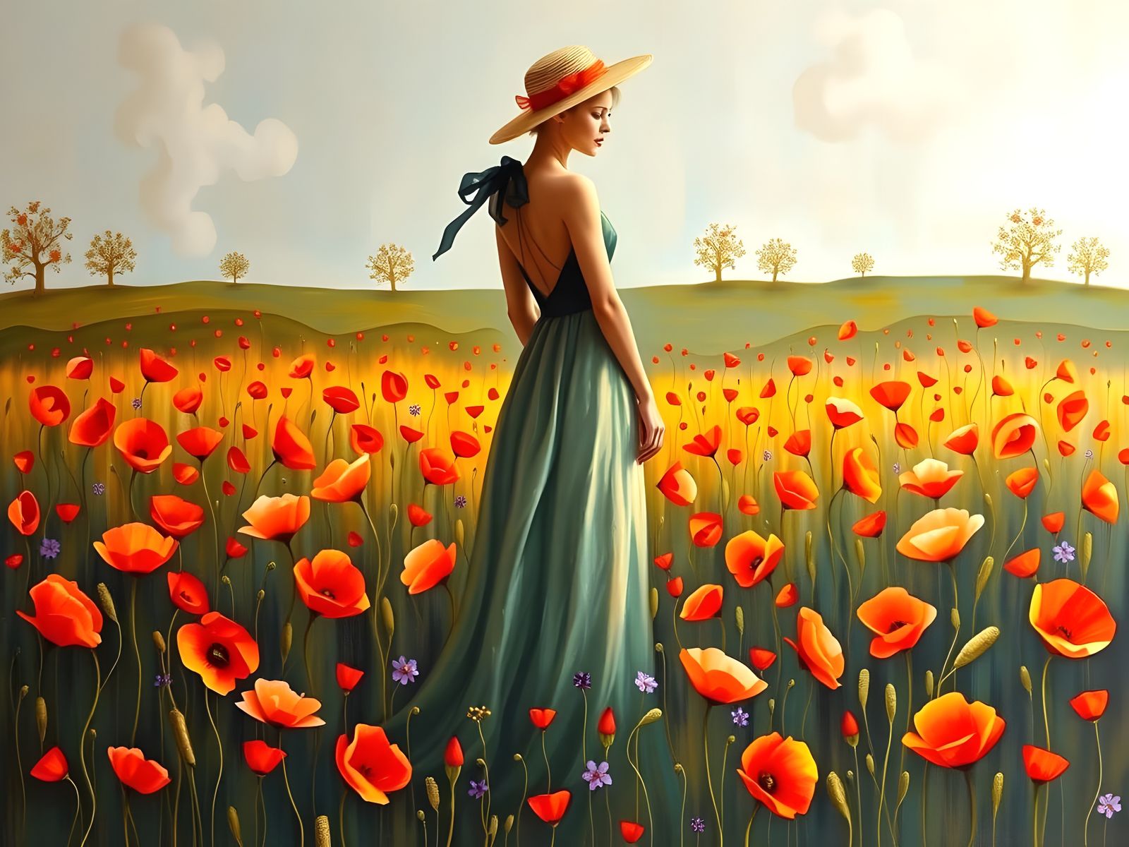Ethereal Dancer in a Field of Surreal Poppies