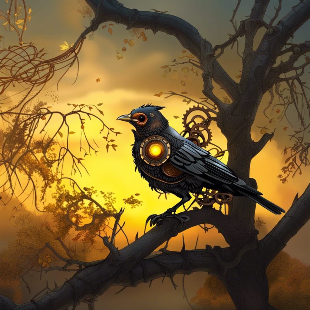 Steampunk Mechanical Blackbird in Victorian Cemetery