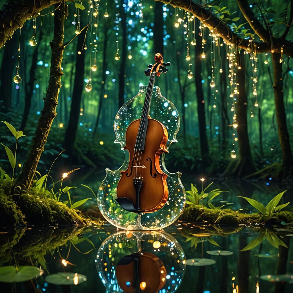 Surreal Glass Violin in Forest with Fairies