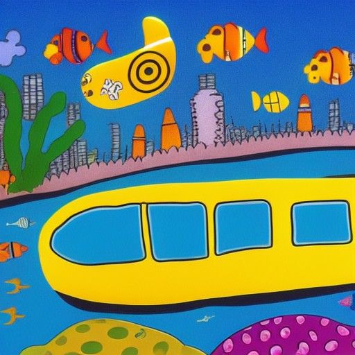 Yellow Submarine in Underwater Cityscape
