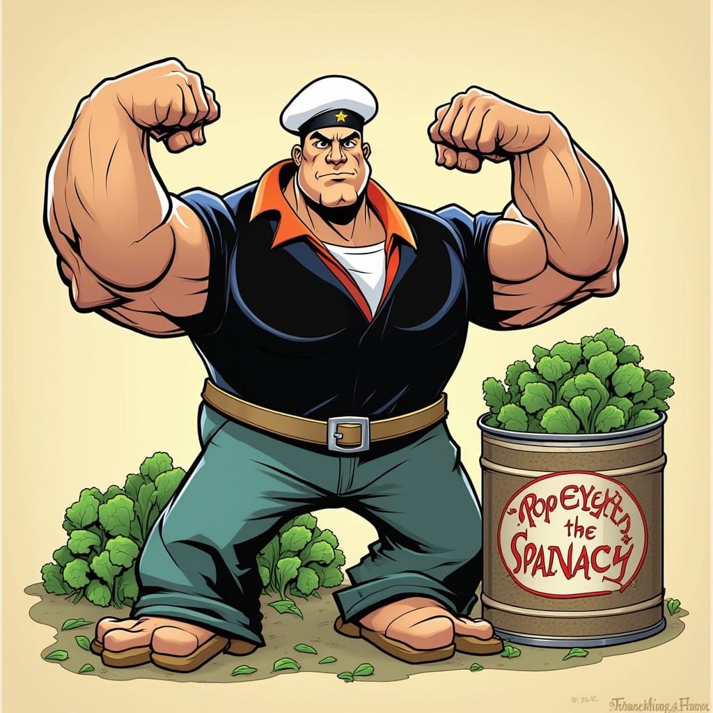 Popeye Flexes Muscles Beside Giant Spinach Can
