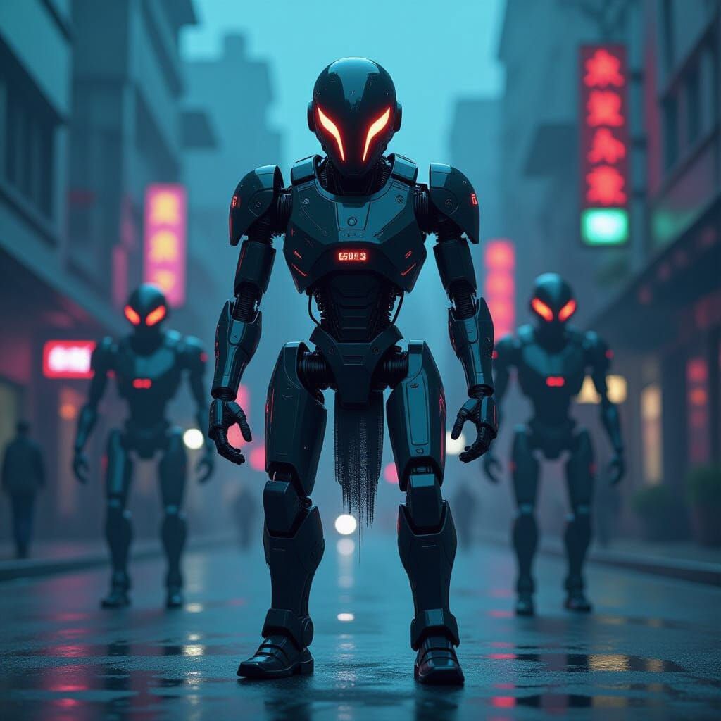 Cyberpunk Alien Robots in Neon Horror Style