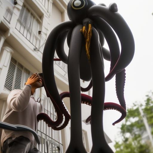 Robotic Octopus Stares at Man with Cat
