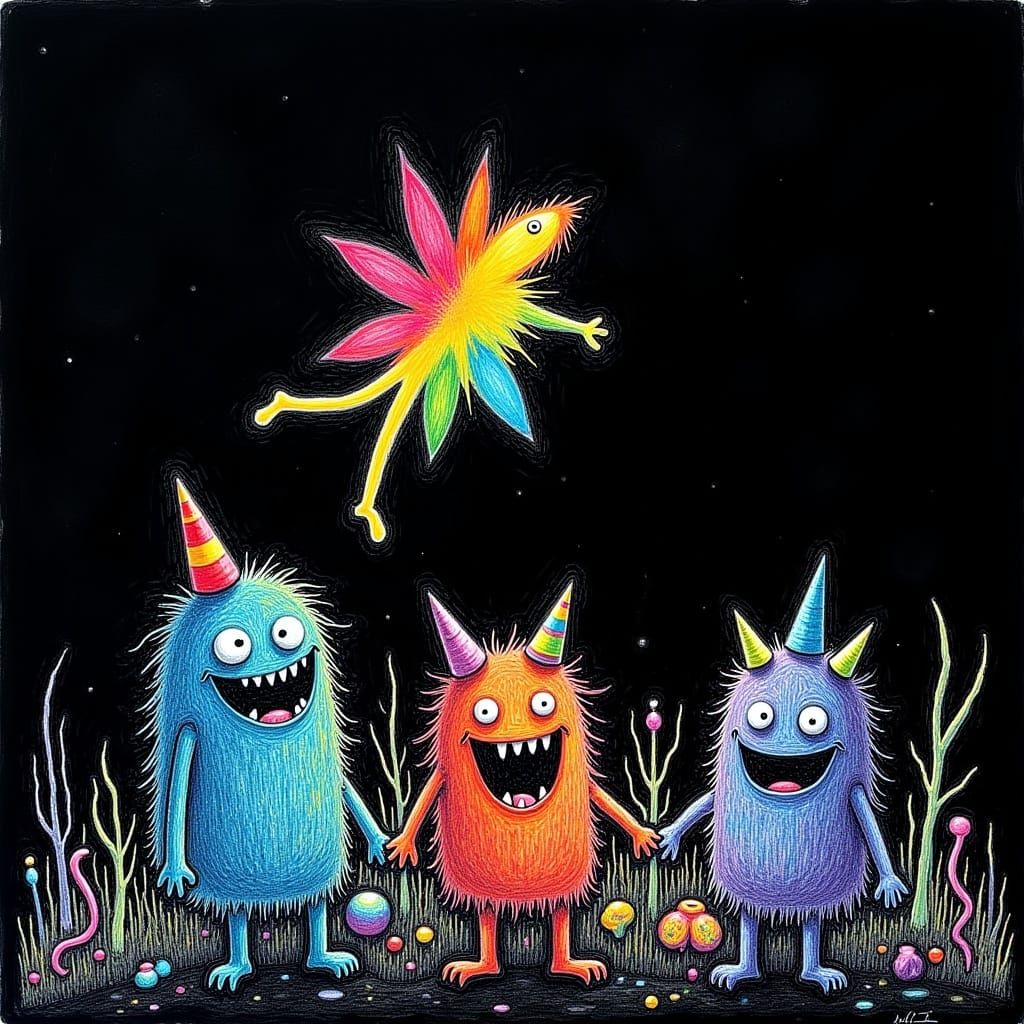 Whimsical Chibi Monsters in Surreal Crayon Dreamscape