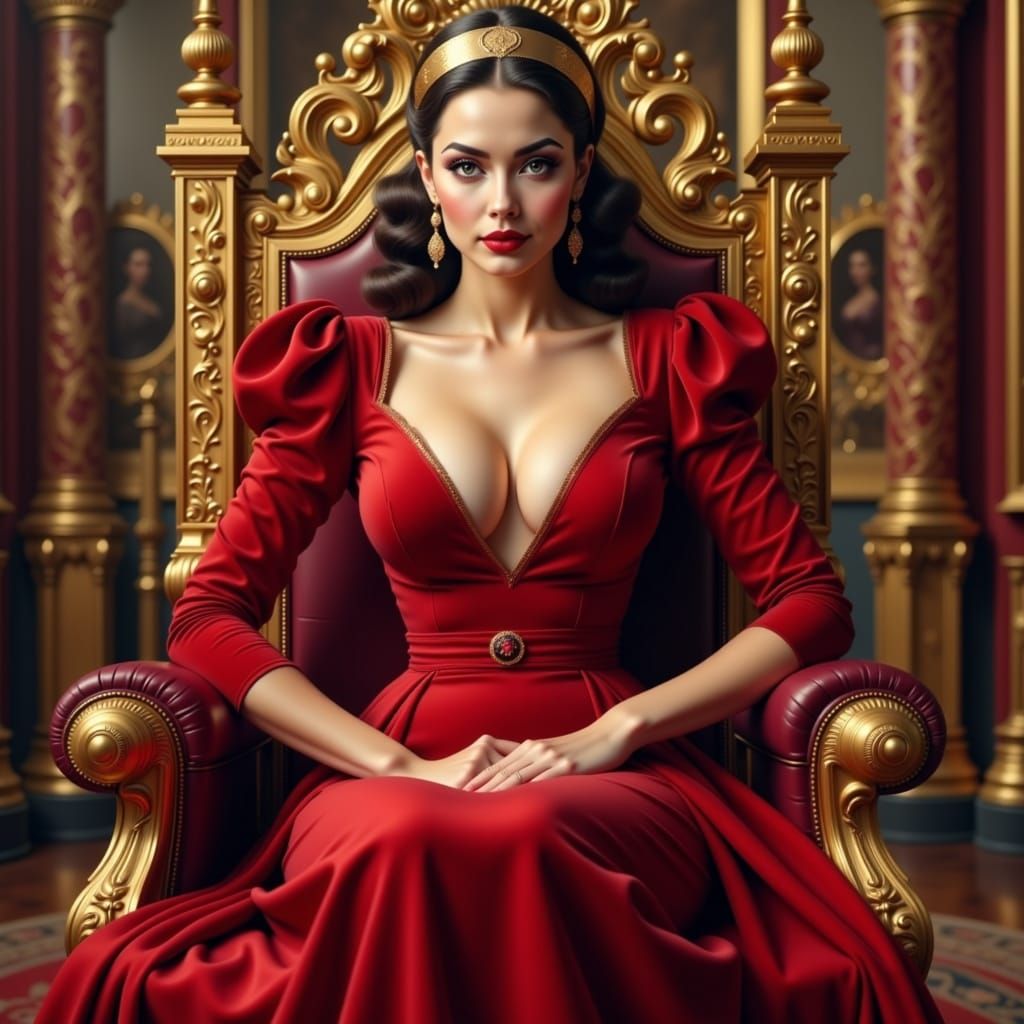 Majestic Queen in Red Velvet Gown, Art Nouveau Style