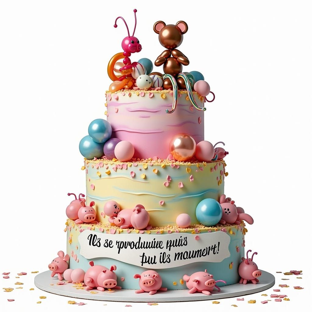 Whimsical, Oversized Cake with Balloon Animals in Pastel Hue...