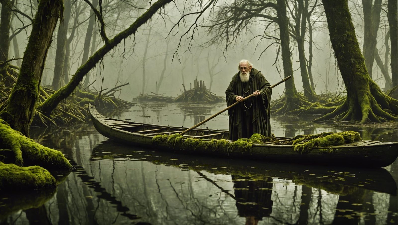 Eerie Swampy Forest Scene with Solitary Traveler