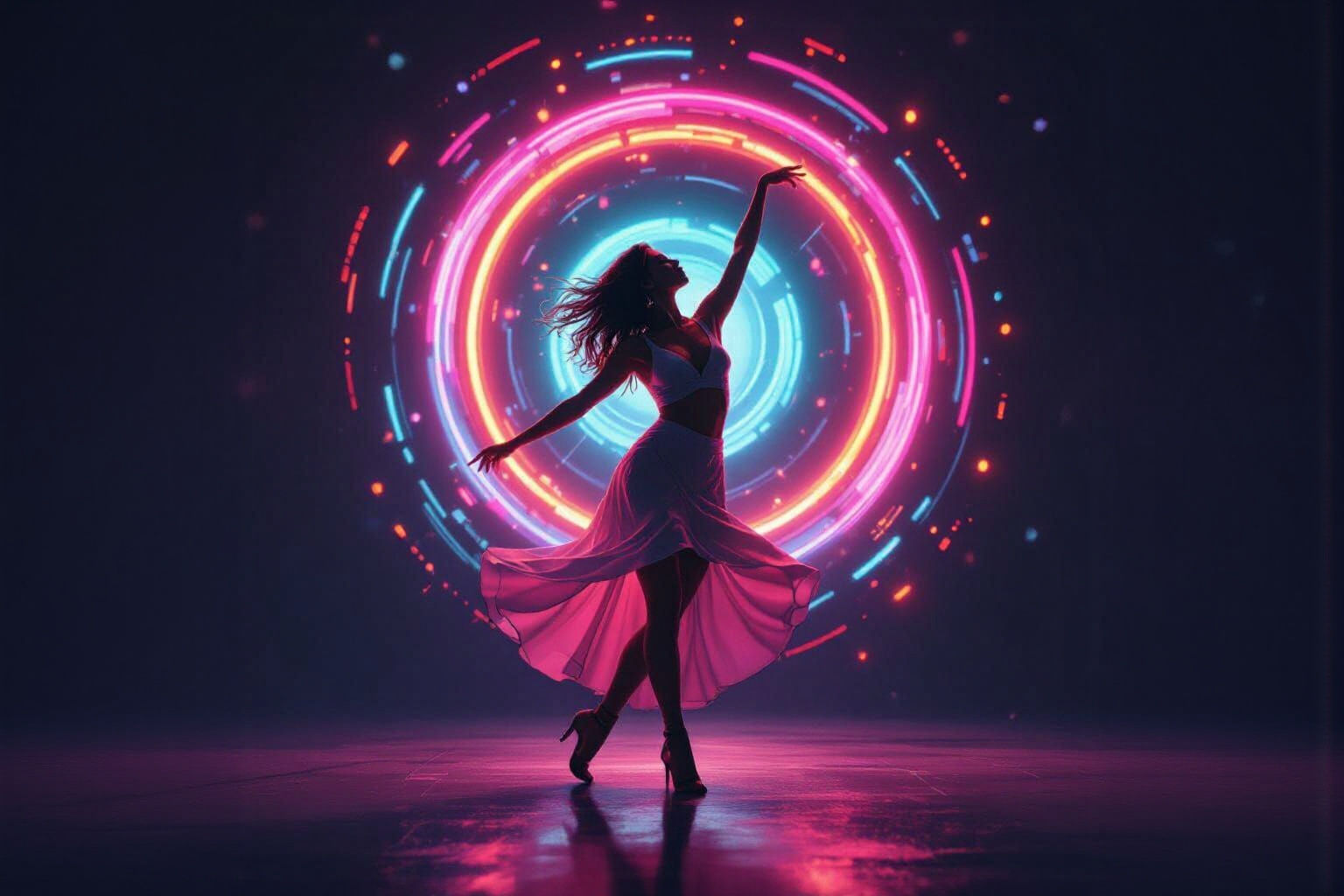 Woman Dancing Under Swirling Neon Lights in Retro-Futuristic...