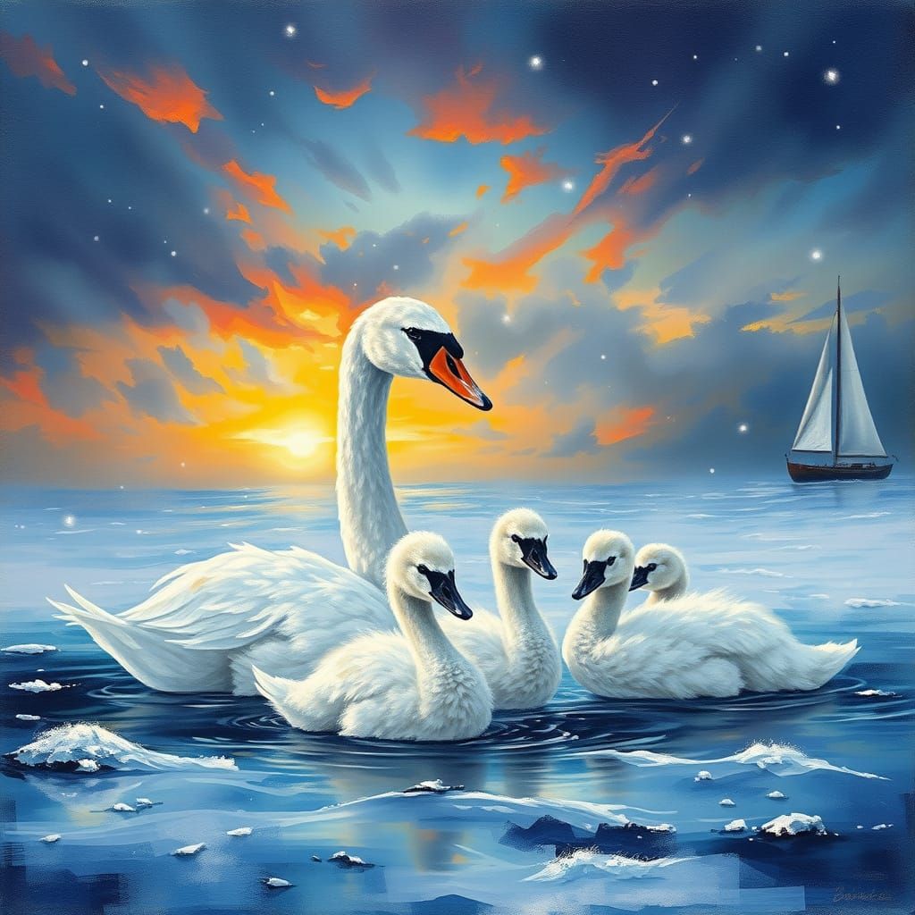 Impressionist Swans in Serene Water Scene