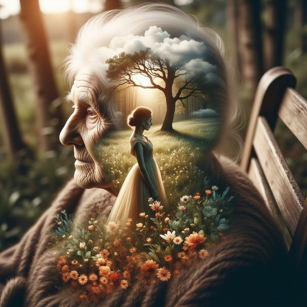 Ethereal Double Exposure of a Wise Elder and a Radiant Young...