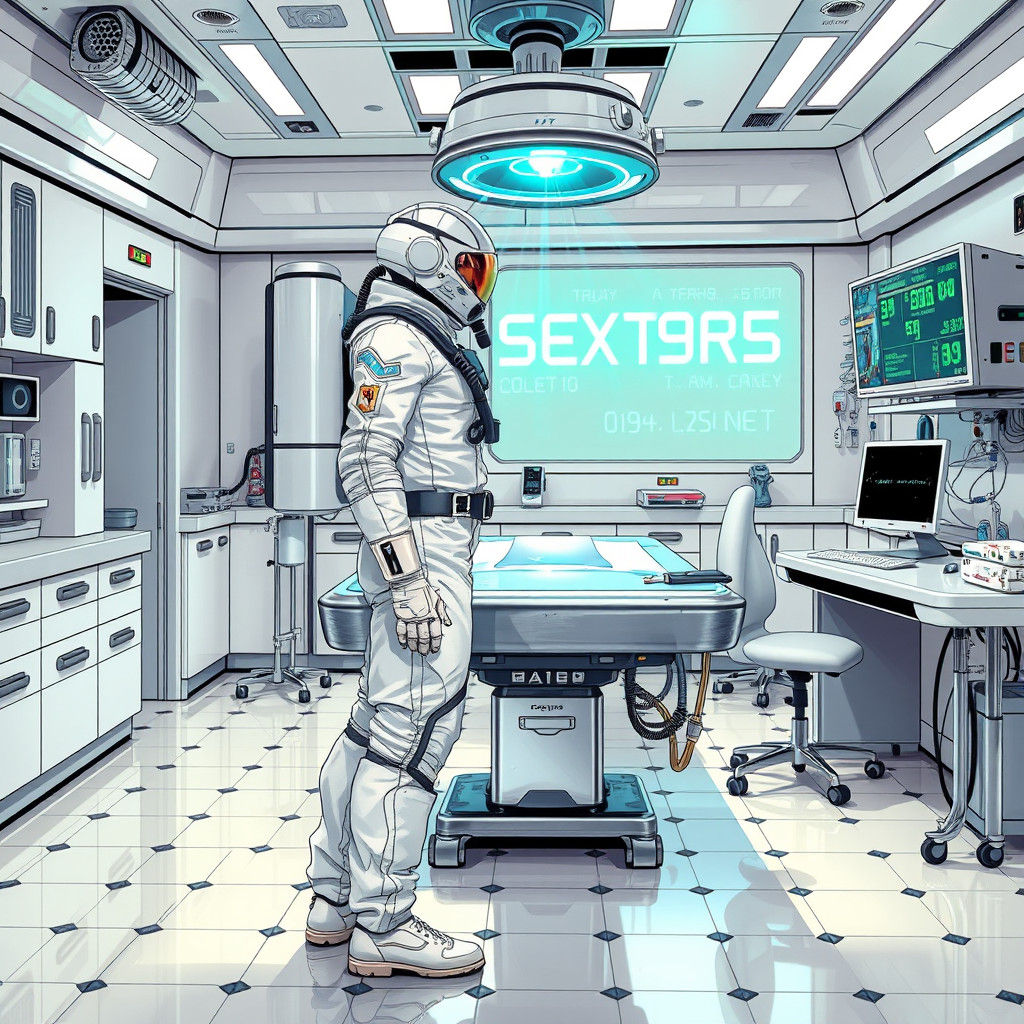 Futuristic Doctor in Spacesuit in High-Tech Infirmary