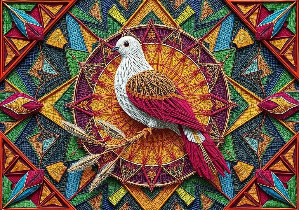 String art dove on an olive branch with vibrant geometric pa...