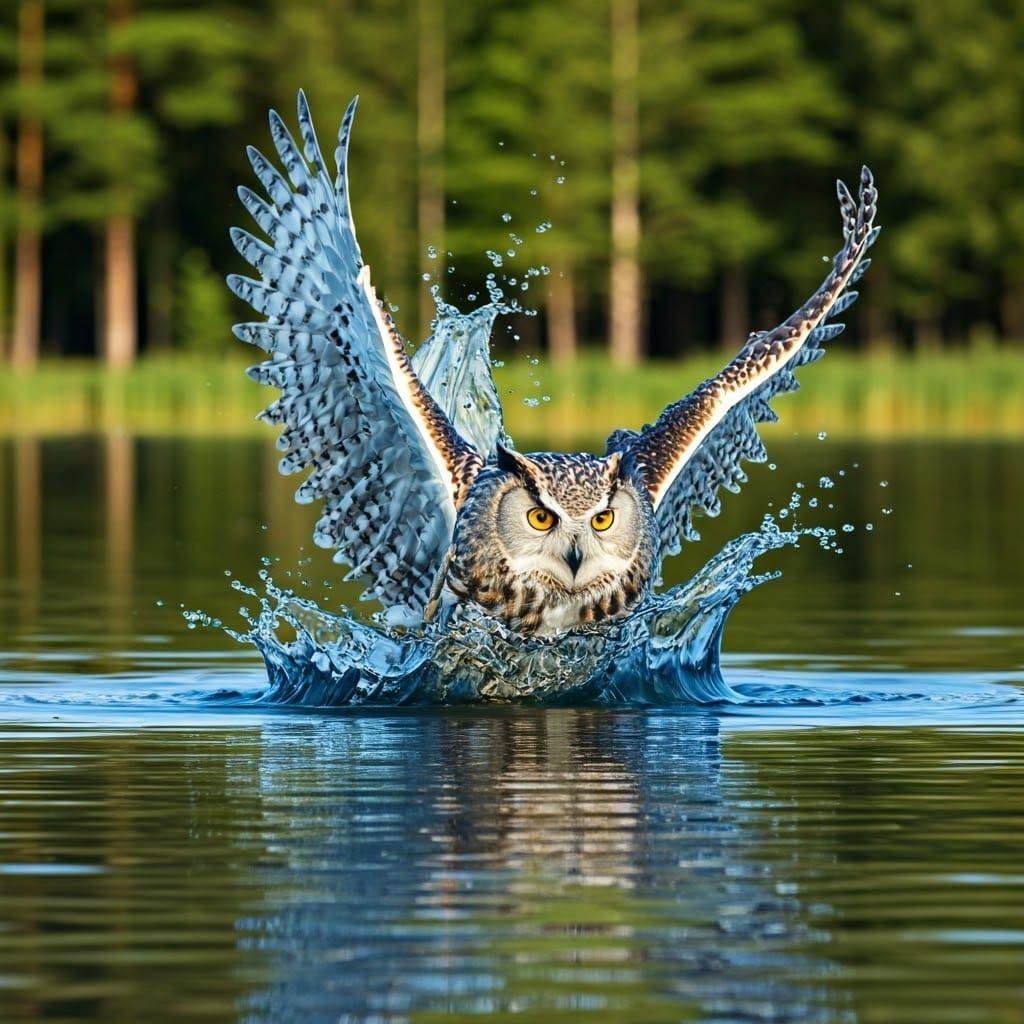 Surreal Water Owl Emerges from Enchanted Lake