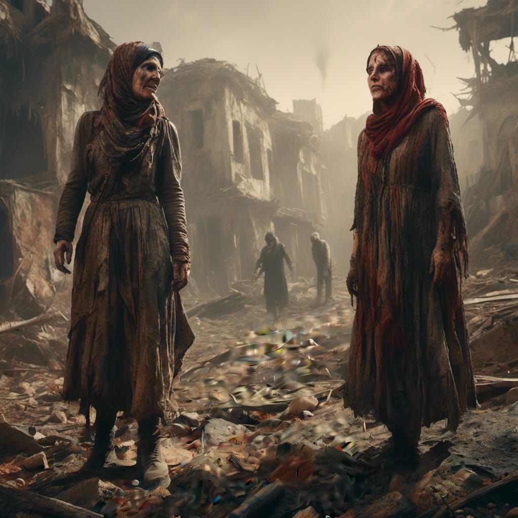 Distraught Women in War: A Detailed Matte Painting