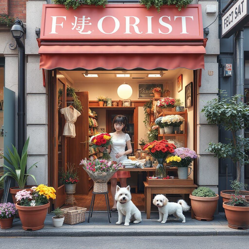 Beautiful Young Florist Making Bouquets in a Delicate Street...