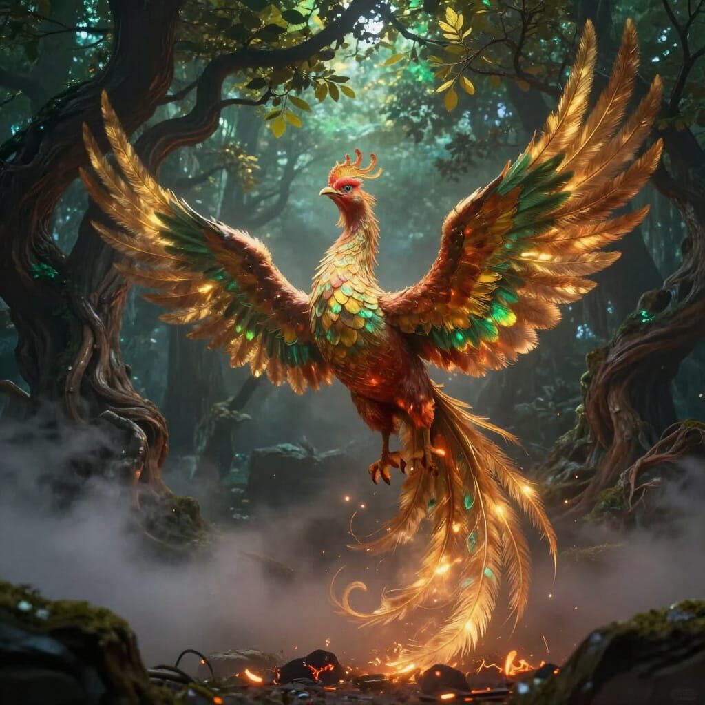 Majestic Phoenix Rises from Embers in Mystical Forest