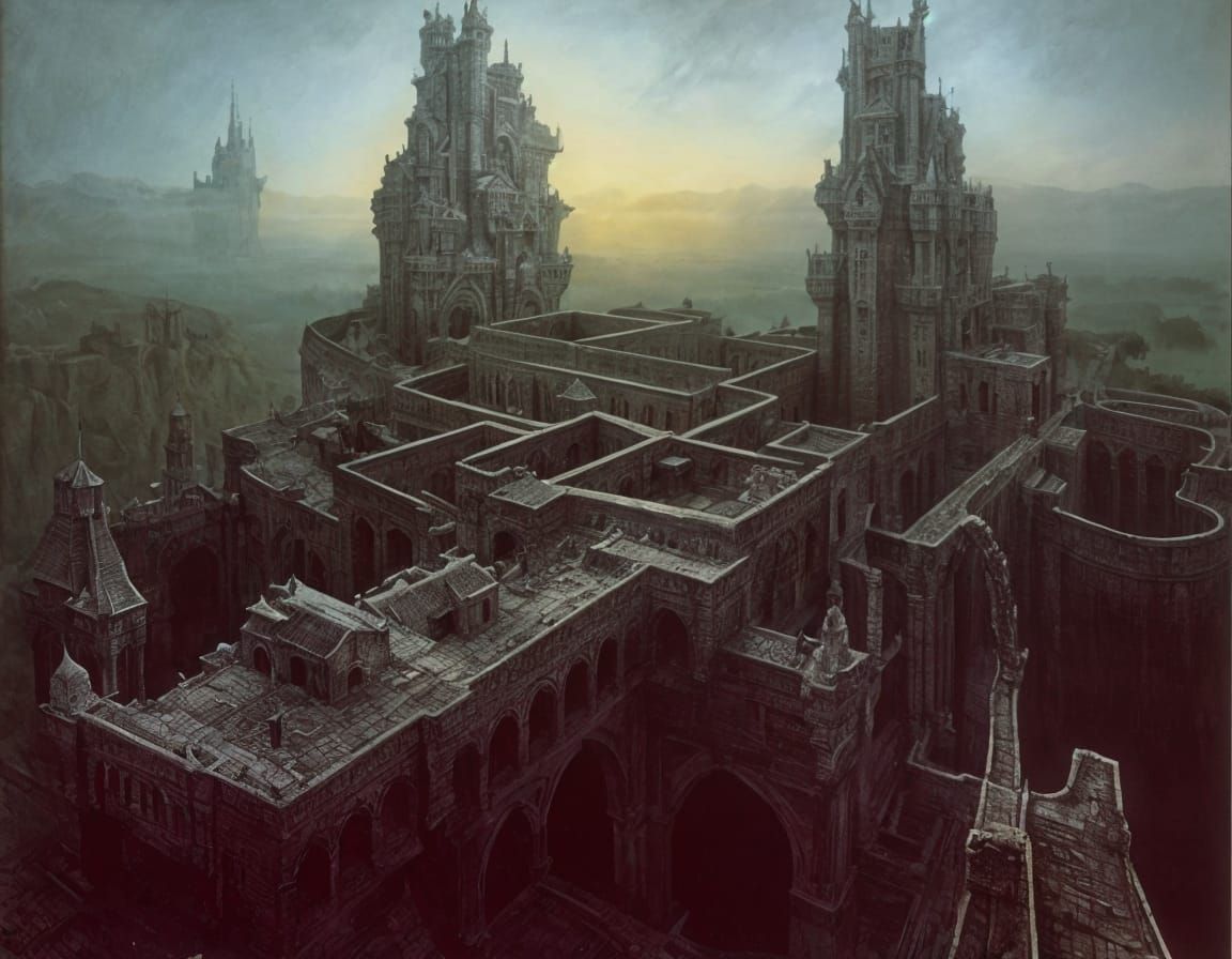 Surreal Castle Landscape in Dark, Intricate Style