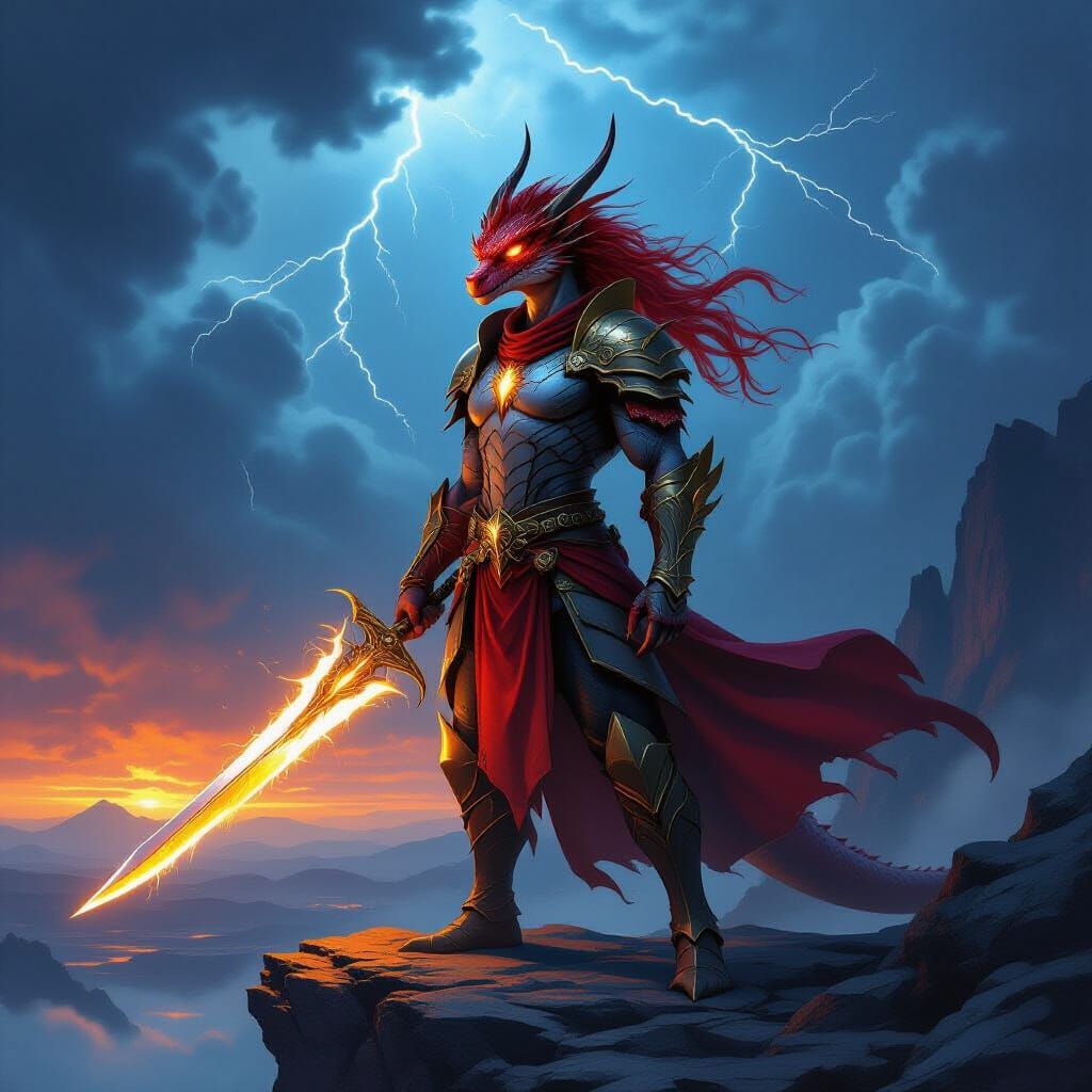 Human Dragon Warrior with Enchanted Sword on Volcanic Cliff