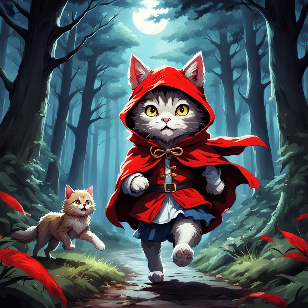 Cat as Little Red Riding Hood in Anime Style
