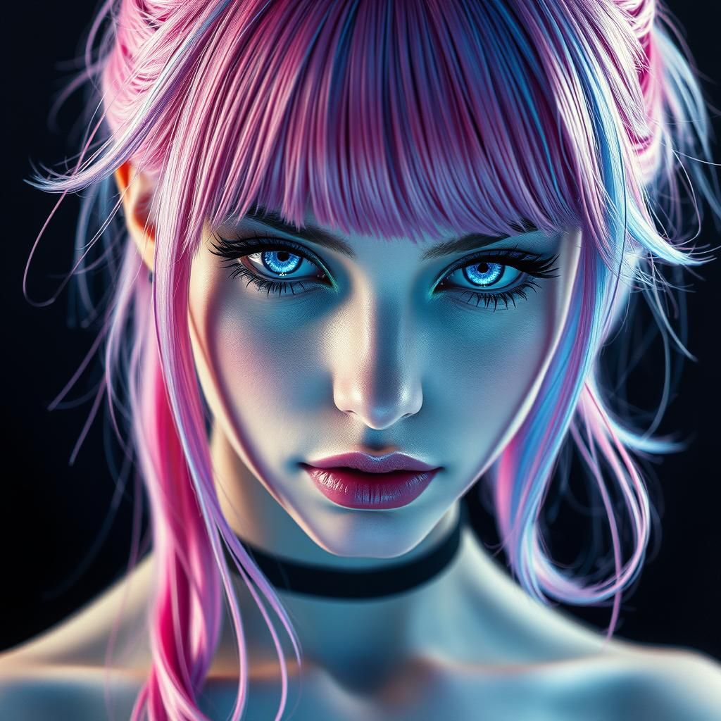 Cyberpunk Woman with Glowing Eyes in Color Pencil