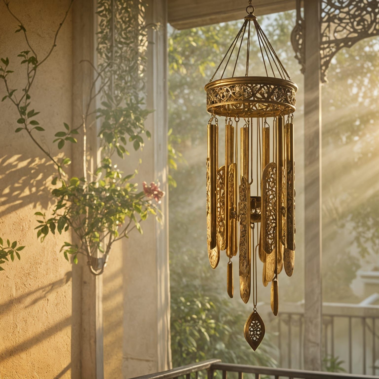 Golden Hour Wind Chimes: Hyperrealistic Balcony Scene