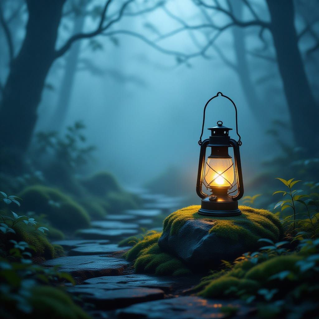 Ancient Lantern Guides Through Mystical Fog