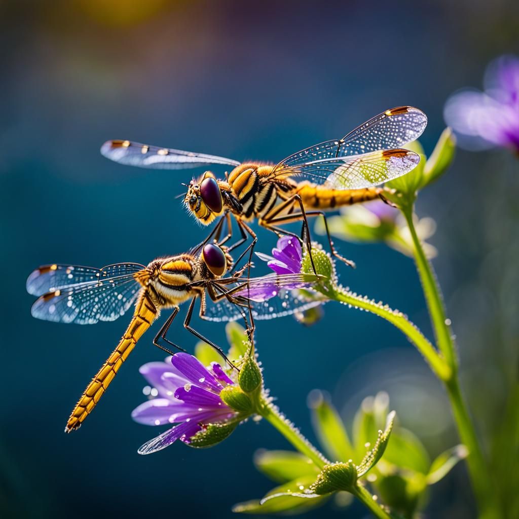 Dragonflies on Wildflower at Golden Hour