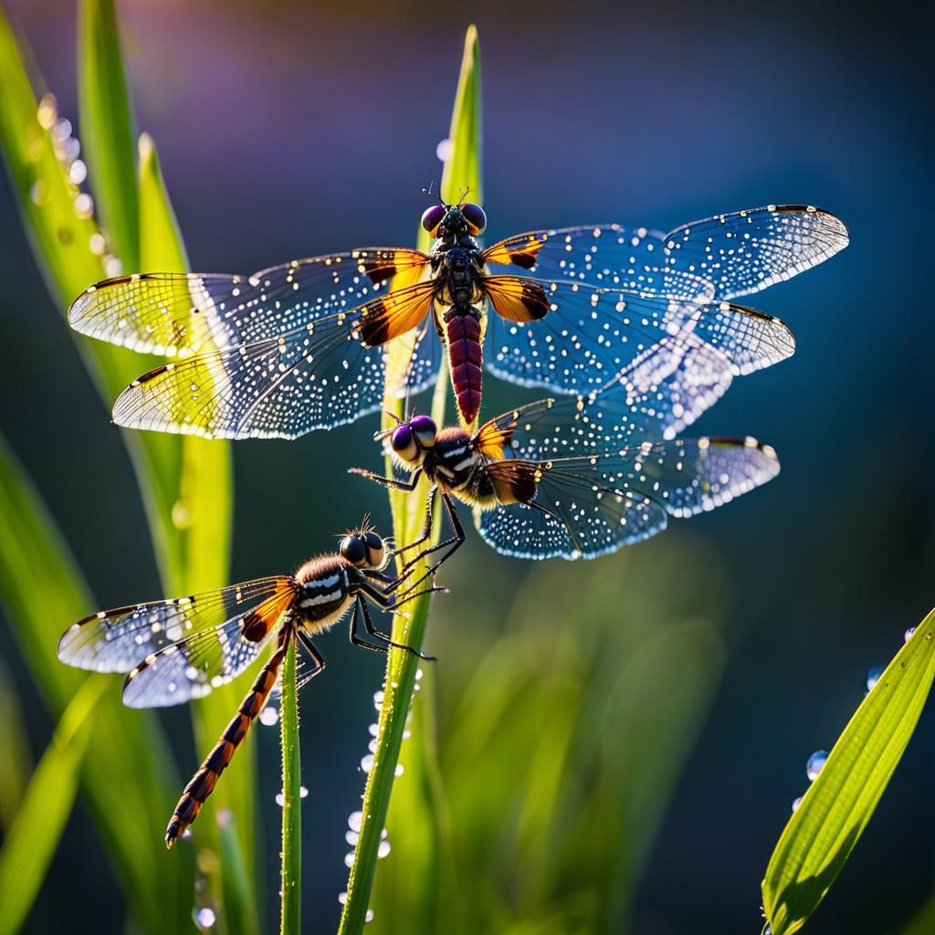 Dragonflies on Wildflower at Golden Hour