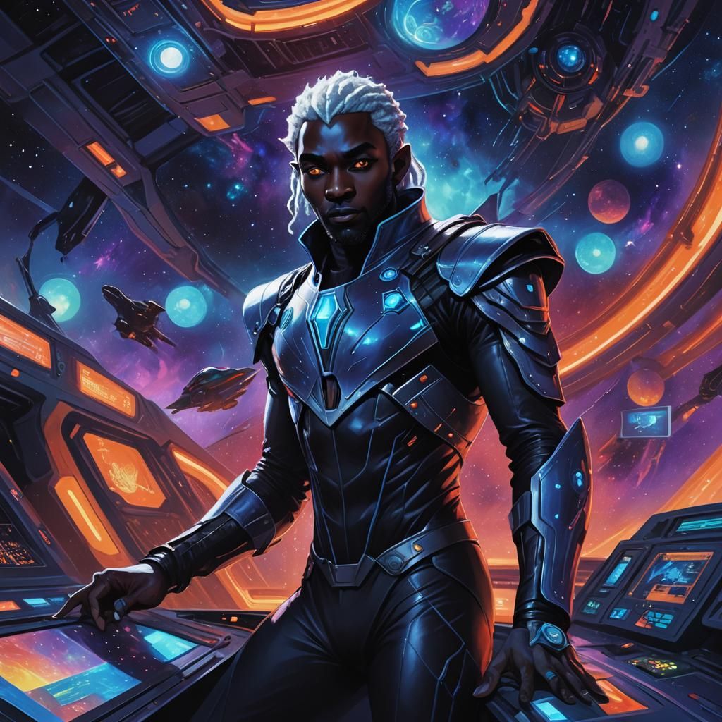Drow Pilot at Spaceship Controls: Oil Painting