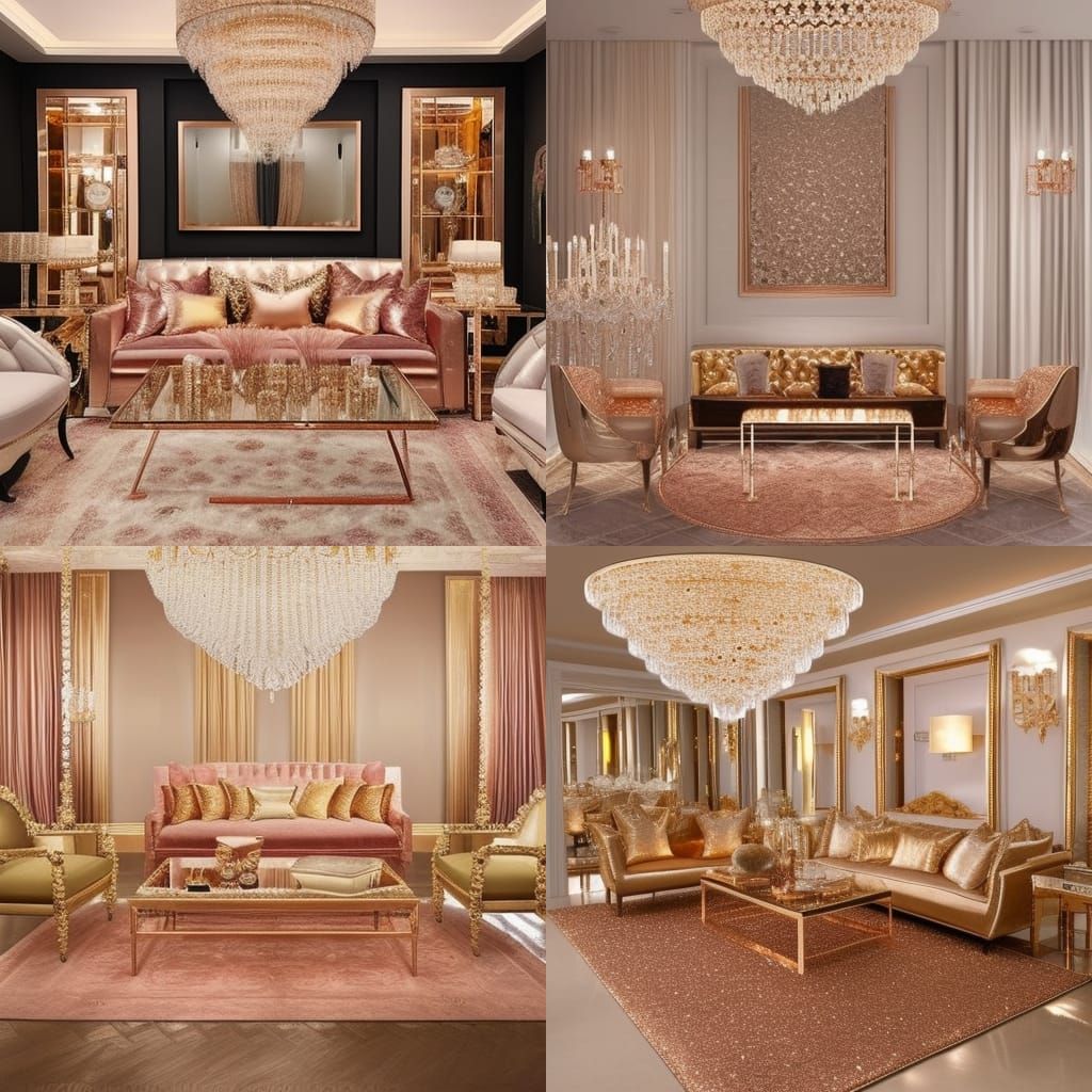 Rose gold& Gold themed living room with pearlescent frames& high ceiling& elegant Rose Gold chandelier& shimmery pearles...