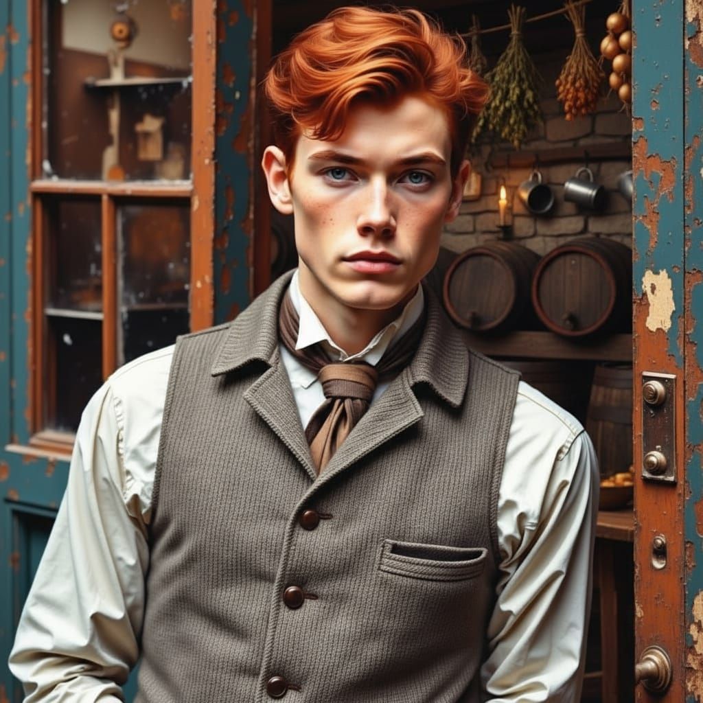 Handsome Redhead Man Beside Victorian Tavern Door