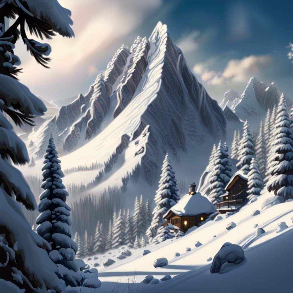 Snowy Mountain Holiday in Detailed Matte Painting Style
